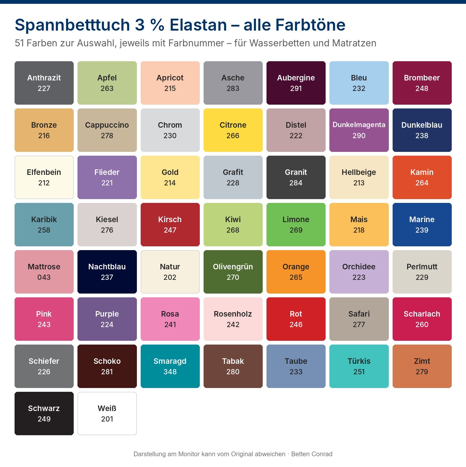 Farbkarte Spannbettlaken Basic mit 3 % Elastan – alle Farbtöne mit Farbnummer