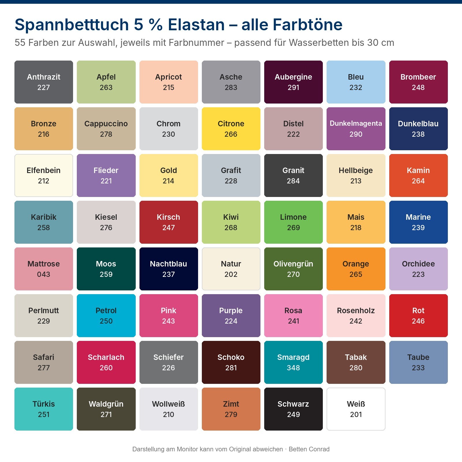 Farbkarte Spannbettlaken Classic mit 5 % Elastan – alle Farbtöne mit Farbnummer
